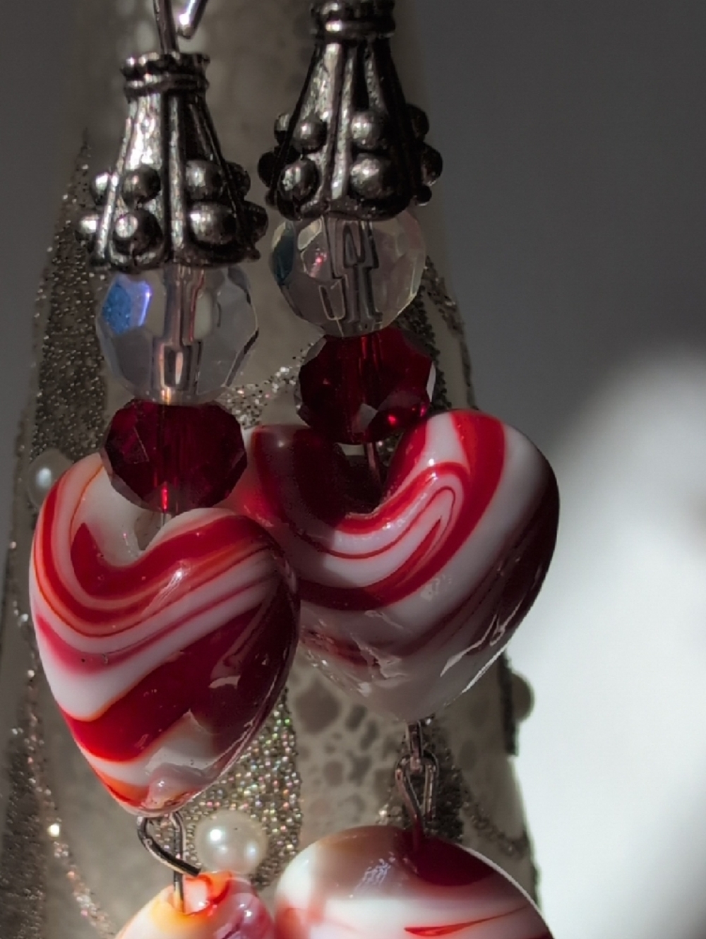 RESERVED Red and White Swirl Bead Dangle Earrings - Women Jewelry - Picture 4 of 5